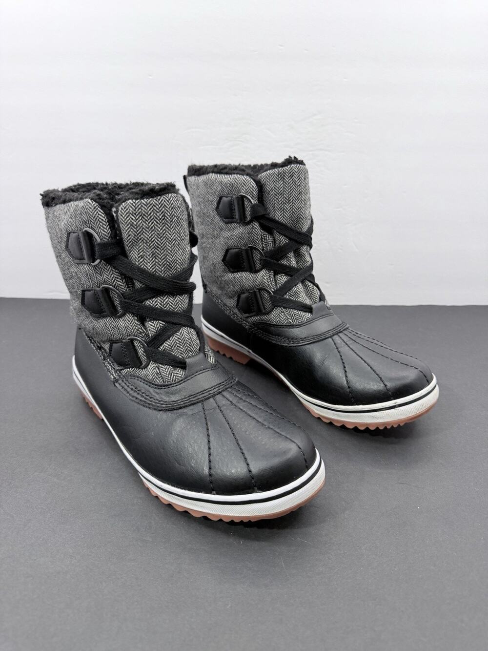 JBU Jambu Brenda Women Duck Boots Black Gray Herringbone Winter Snow Size US 6.5